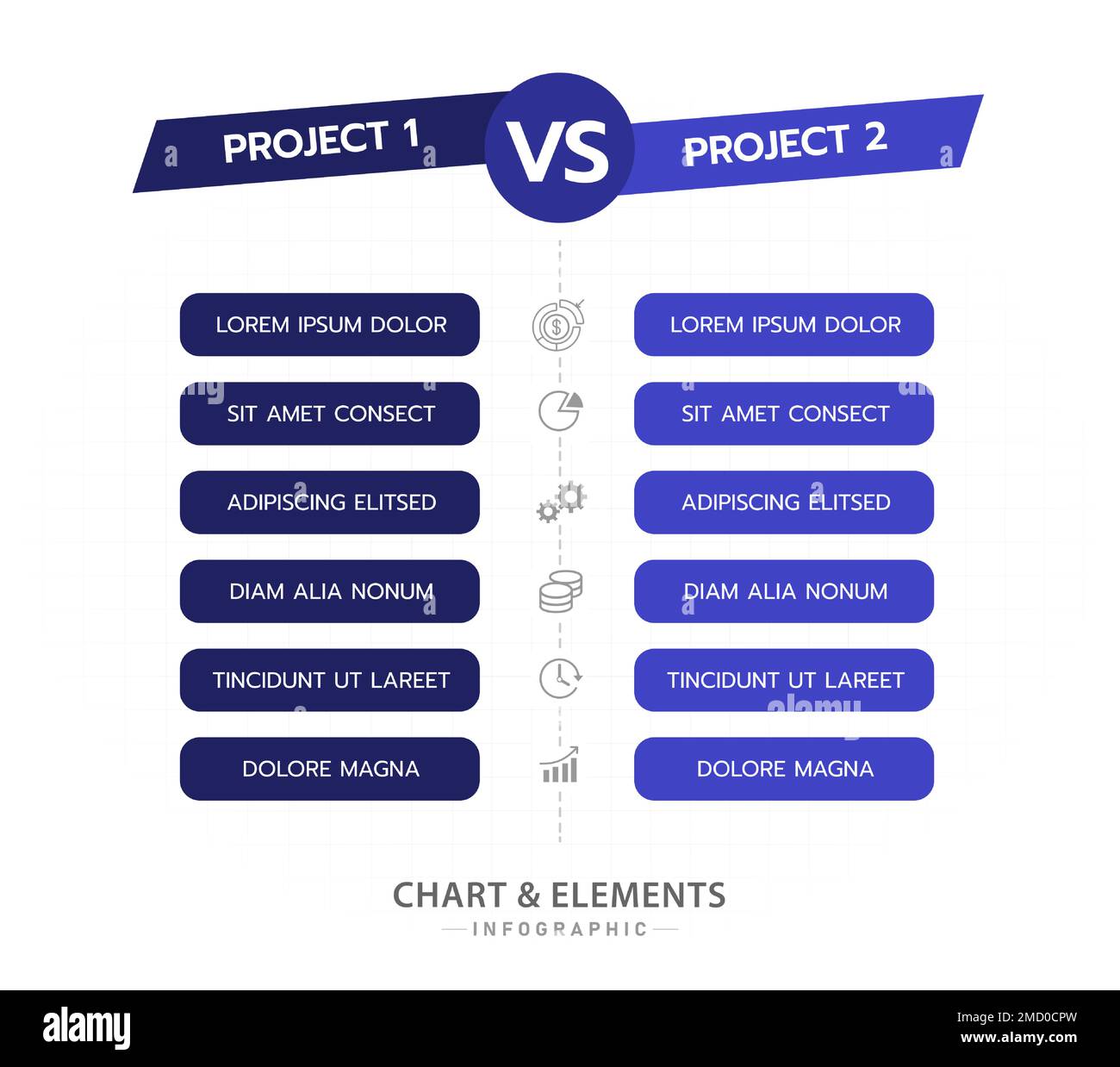 Modèle d'infographie pour les entreprises. Diagramme de comparaison des produits avec 6 discuter des sujets, infographie de vecteur de présentation. Illustration de Vecteur
