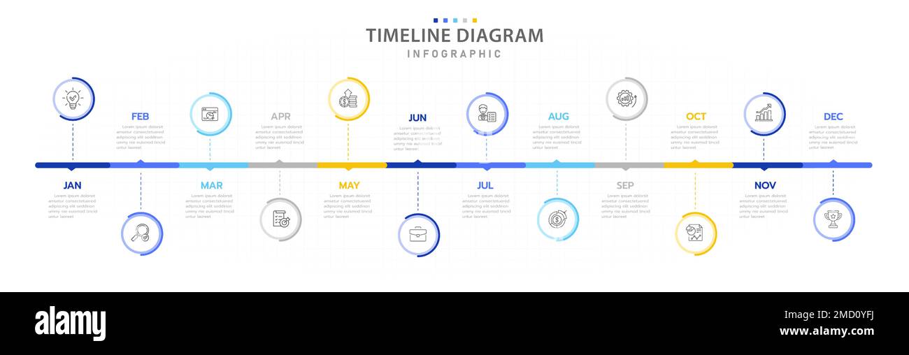 Modèle d'infographie pour les entreprises.Calendrier de diagramme de la Time-Line moderne de 12 mois avec cercles, infographie de vecteur de présentation. Illustration de Vecteur
