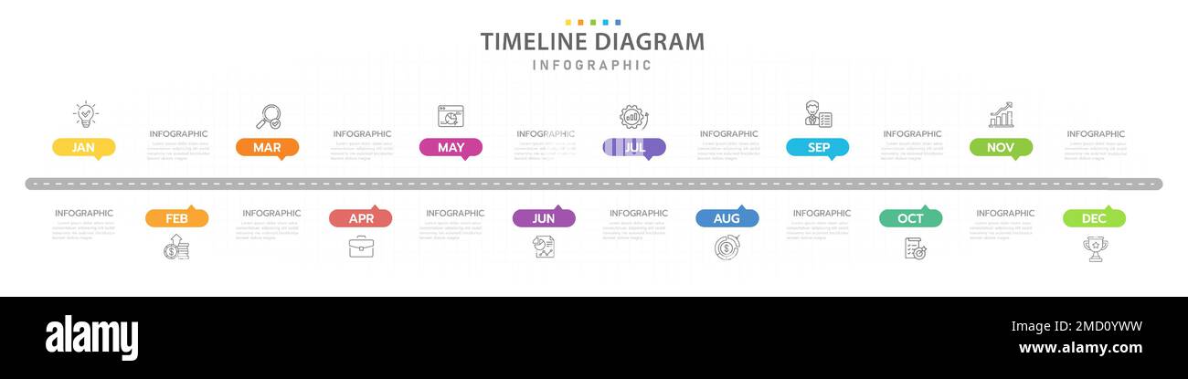 Modèle d'infographie pour les entreprises. Calendrier de diagramme de la Time-Line moderne de 12 mois avec icône et sujets, infographie de vecteur de présentation. Illustration de Vecteur