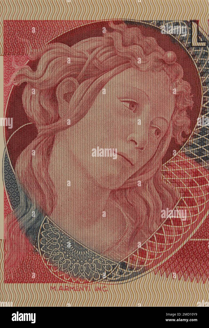 Détail du portrait de l'une des trois grâces de Sandro Botticelli sur un billet de banque italien vintage Banque D'Images