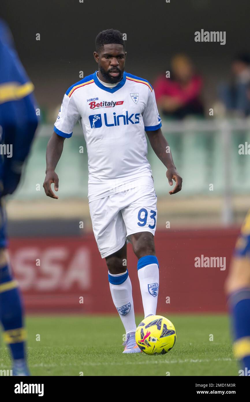 Samuel Umtiti (Lecce) pendant l'italien 'erie Un match entre Hellas Verona 2-0 Lecce au stade Marcantonio Bentegodi sur 21 janvier 2023 à Vérone, Italie. Credit: Maurizio Borsari/AFLO/Alay Live News Banque D'Images