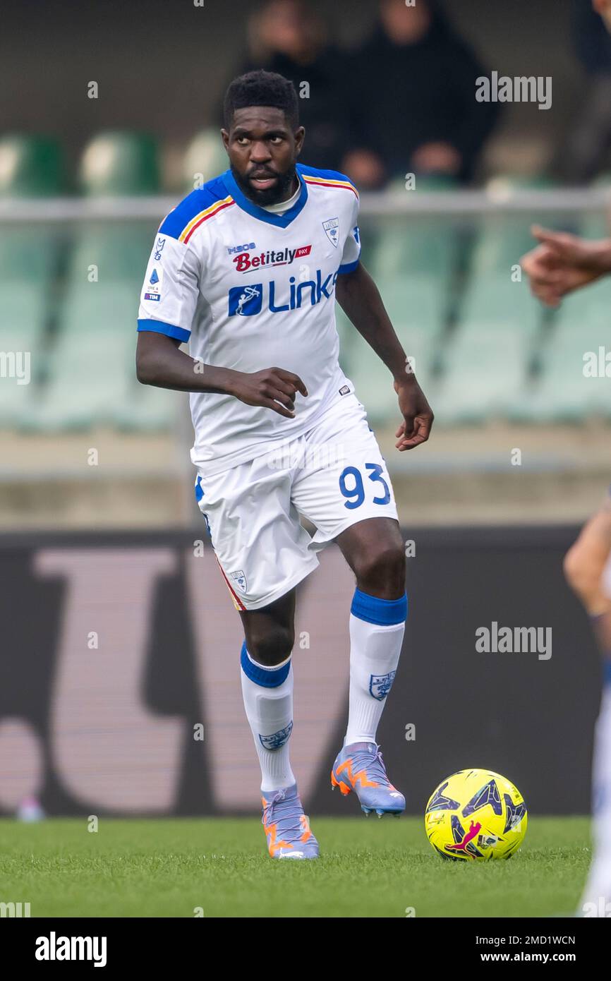 Samuel Umtiti (Lecce) pendant l'italien 'erie Un match entre Hellas Verona 2-0 Lecce au stade Marcantonio Bentegodi sur 21 janvier 2023 à Vérone, Italie. Credit: Maurizio Borsari/AFLO/Alay Live News Banque D'Images