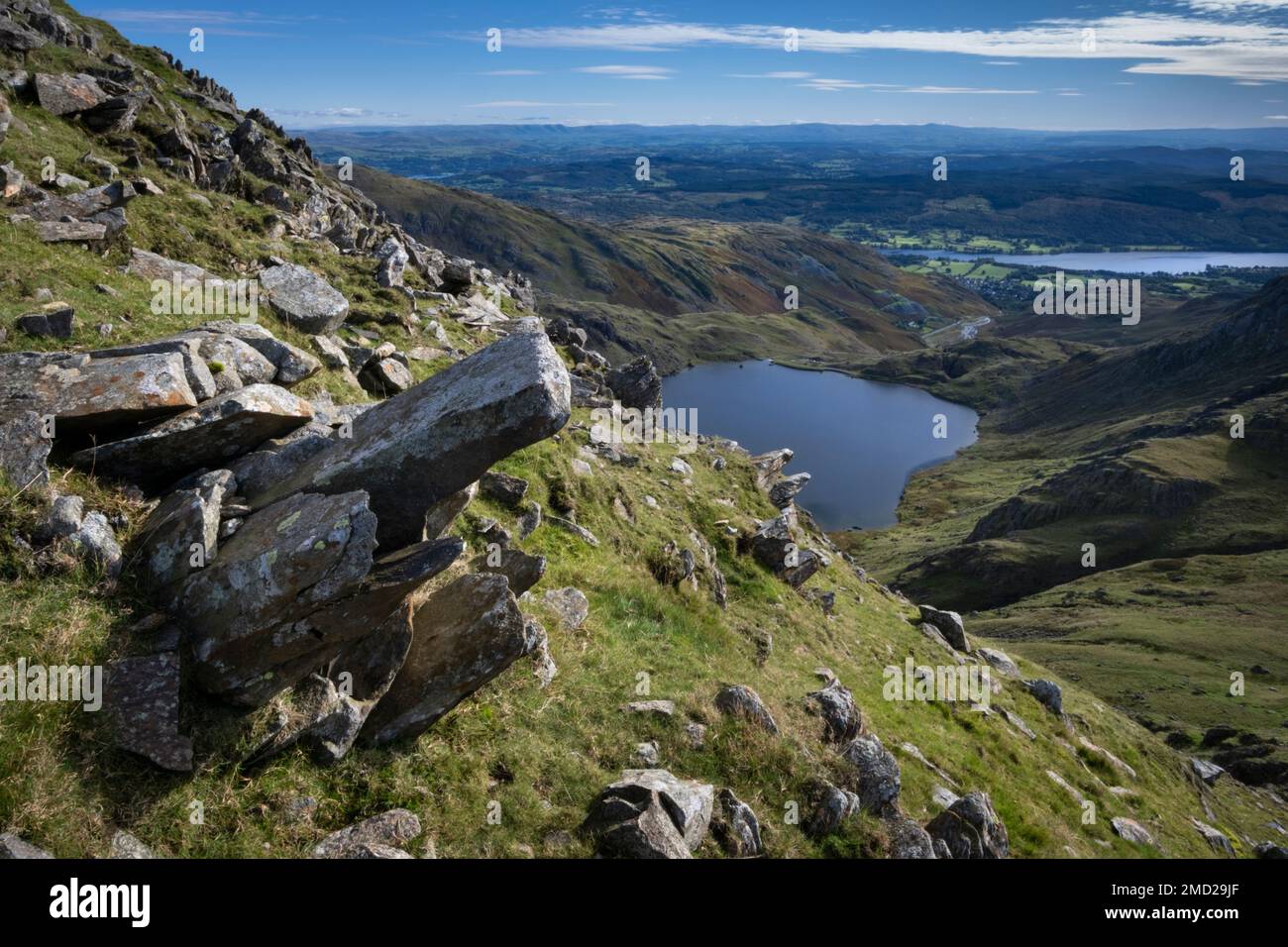 Leviers Water et Coniston Water from Great How Crags on the Old Man of Coniston, Furness Fells, Lake District National Park, Cumbria, Angleterre, Royaume-Uni Banque D'Images