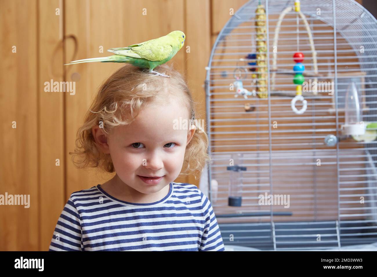 Une petite fille avec un boogie sur sa tête à côté d'une grande cage dans le salon. Banque D'Images