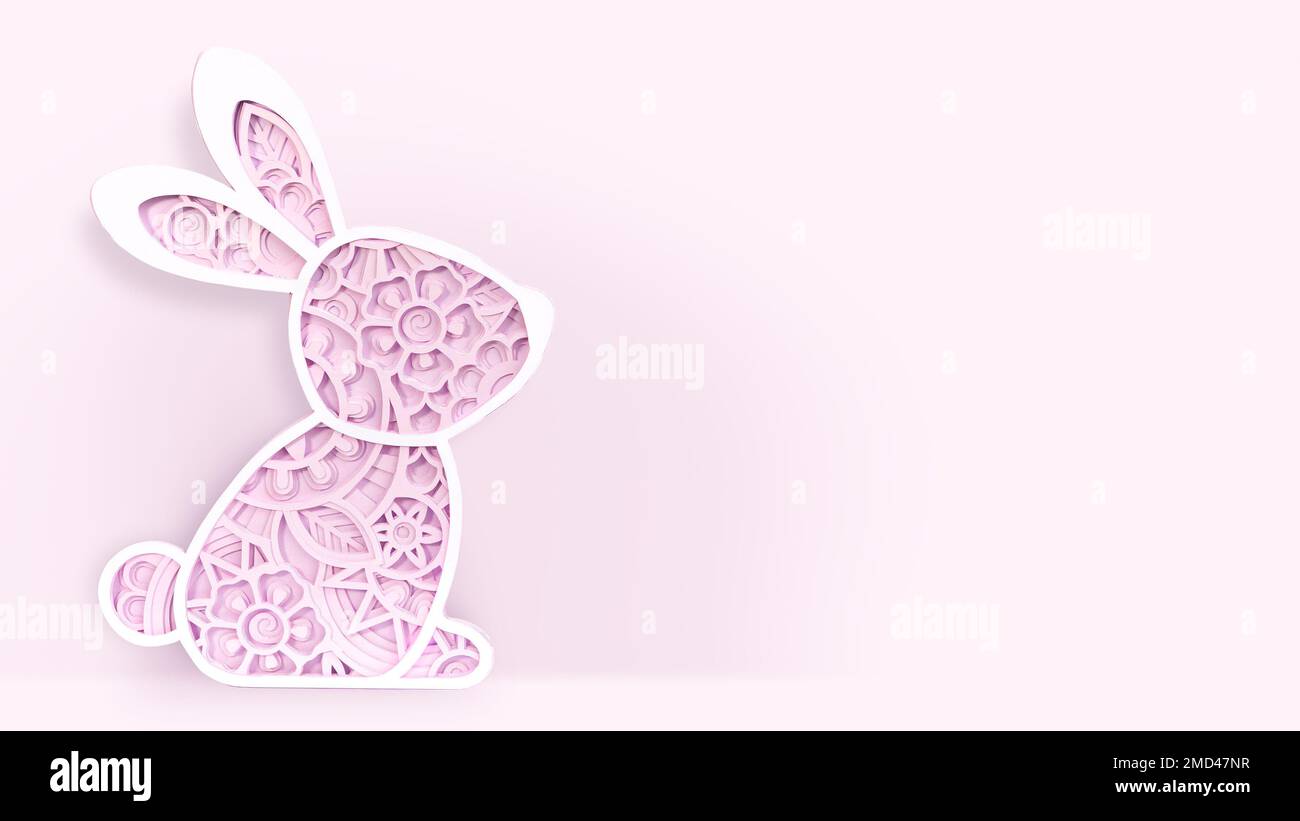 Baner pour le message texte de Pâques, lapin orné sur un fond rose clair . Lapin en papier coupé dans un style de mandala Banque D'Images
