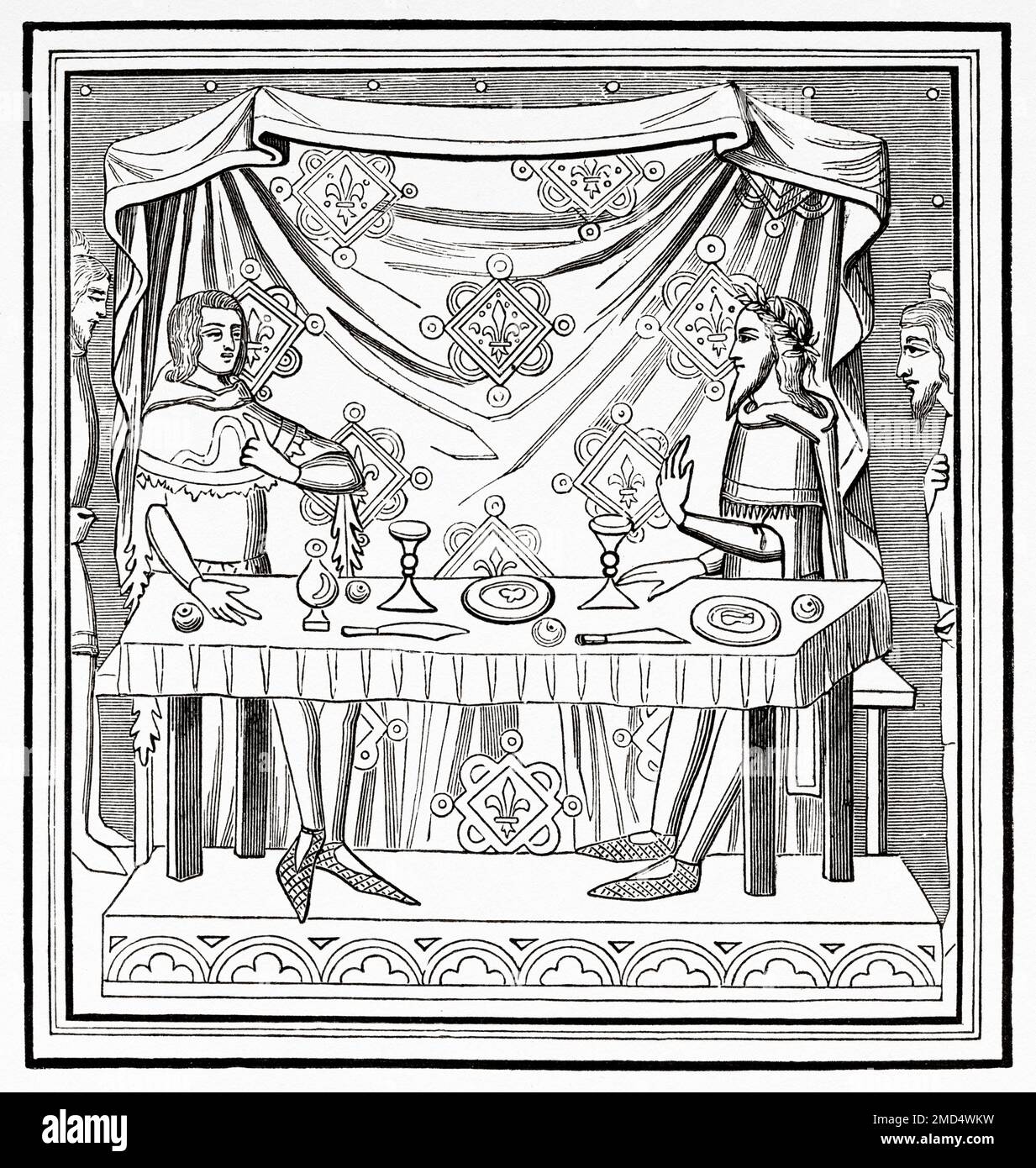 Miniature d'un manuscrit de 14th siècles, représentant Louis de Tarente, deuxième mari de la reine Jeanne de Naples, instituant l'ordre du Saint-Esprit. Les arts du Moyen-âge et à la période de la Renaissance par Paul Lacroix, 1874 Banque D'Images