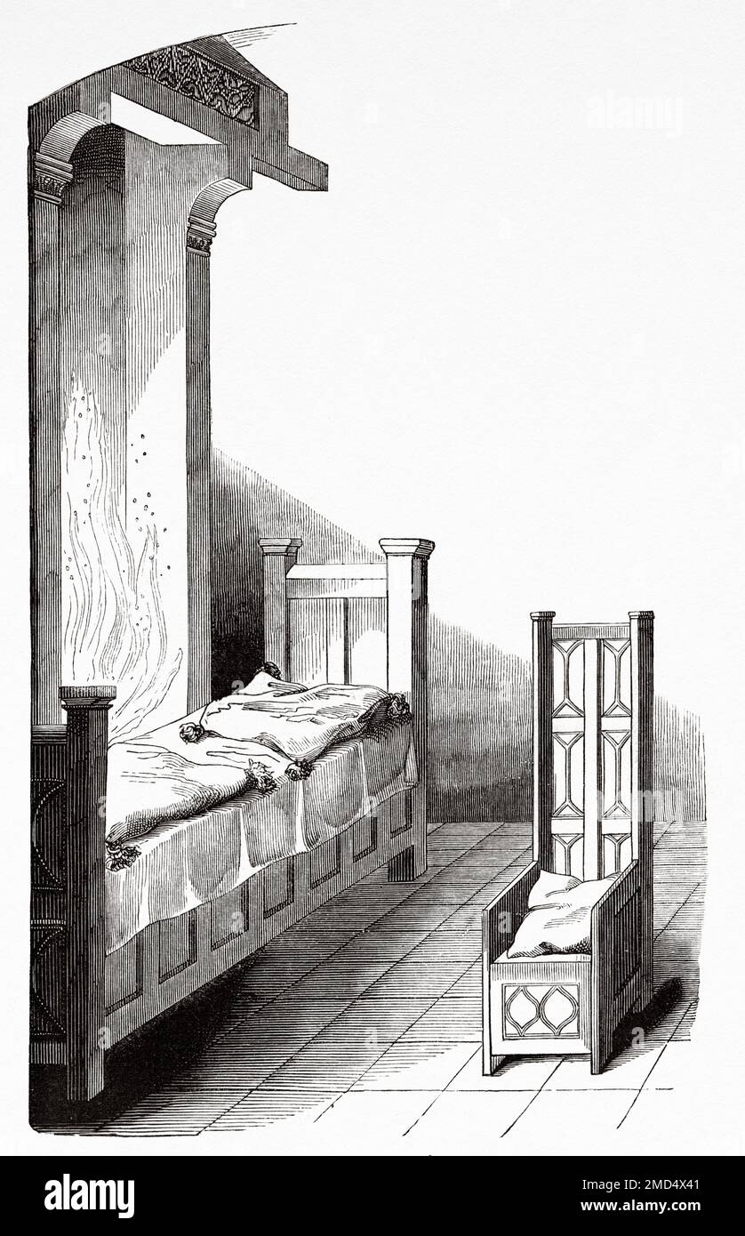 Buffets sous la forme d'un lit devant une cheminée et chaise rembourrée en bois du 15th siècle. Les arts du Moyen-âge et à la période de la Renaissance par Paul Lacroix, 1874 Banque D'Images