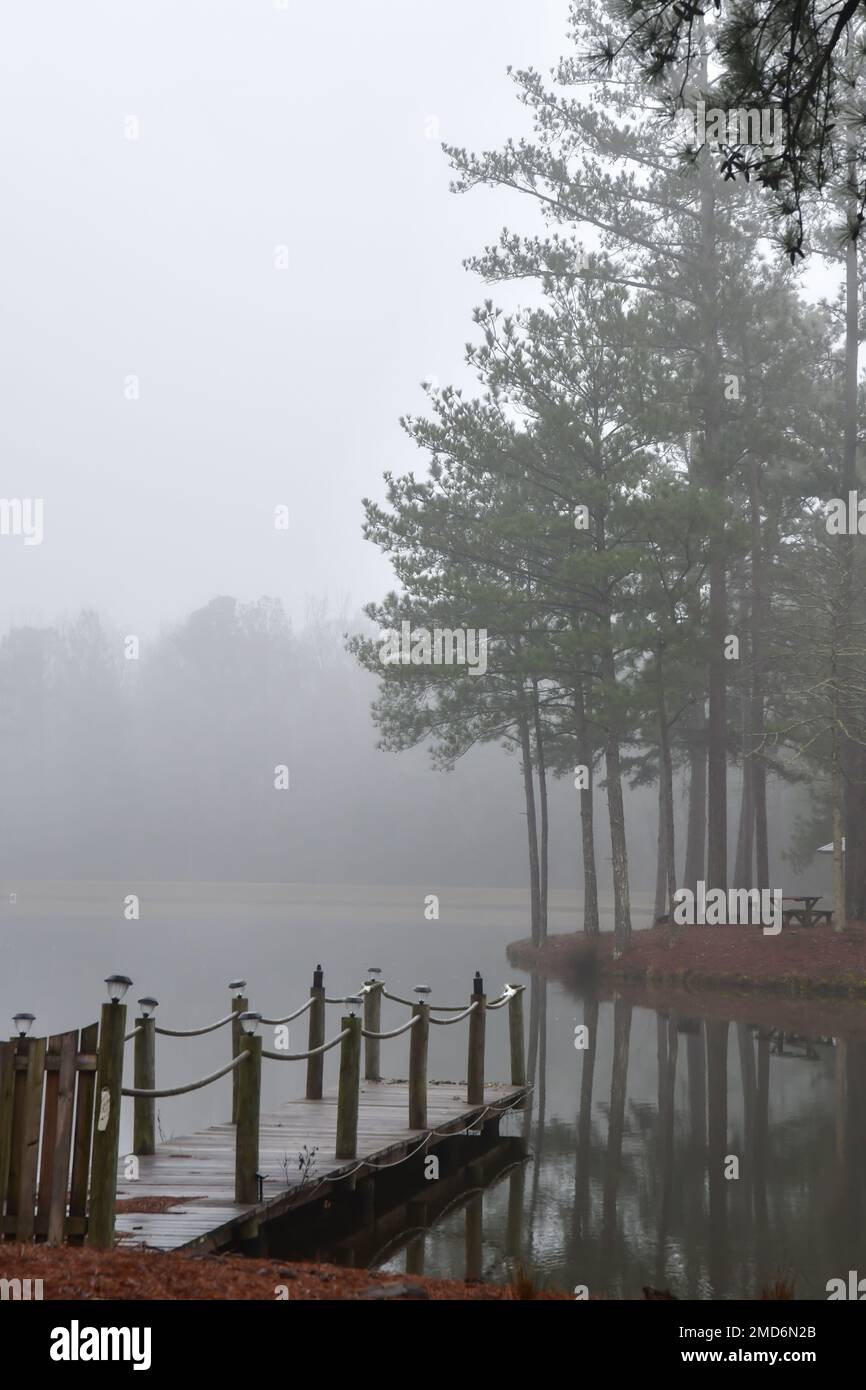 brouillard le matin le long de l'étang calme et du quai en bois Banque D'Images