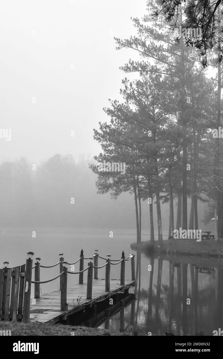 brouillard le matin le long de l'étang calme et du quai en bois Banque D'Images