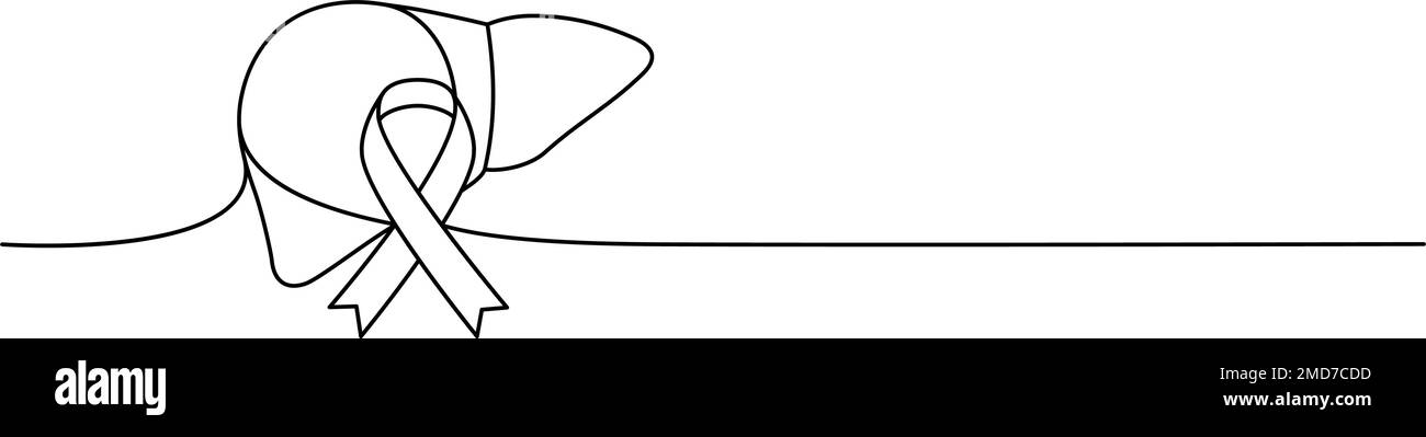 Foie humain avec ruban une ligne de dessin continu. Ruban de sensibilisation au cancer, ruban d'aide continu d'une ligne d'illustration. Isolé sur fond blanc Illustration de Vecteur