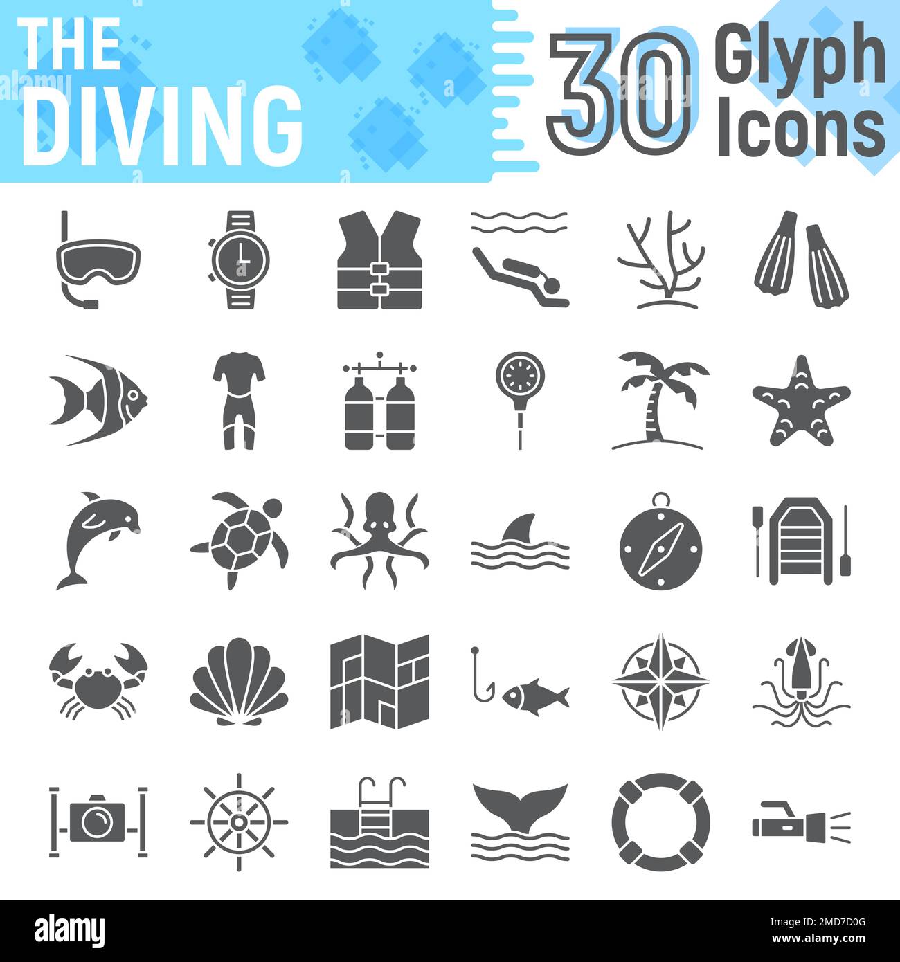 Jeu d'icônes de glyphes de plongée sous-marine, collection de symboles sous-marins, croquis vectoriels, illustrations de logos, paquet de pictogrammes pleins de signes de mer isolés sur fond blanc, eps 10. Illustration de Vecteur