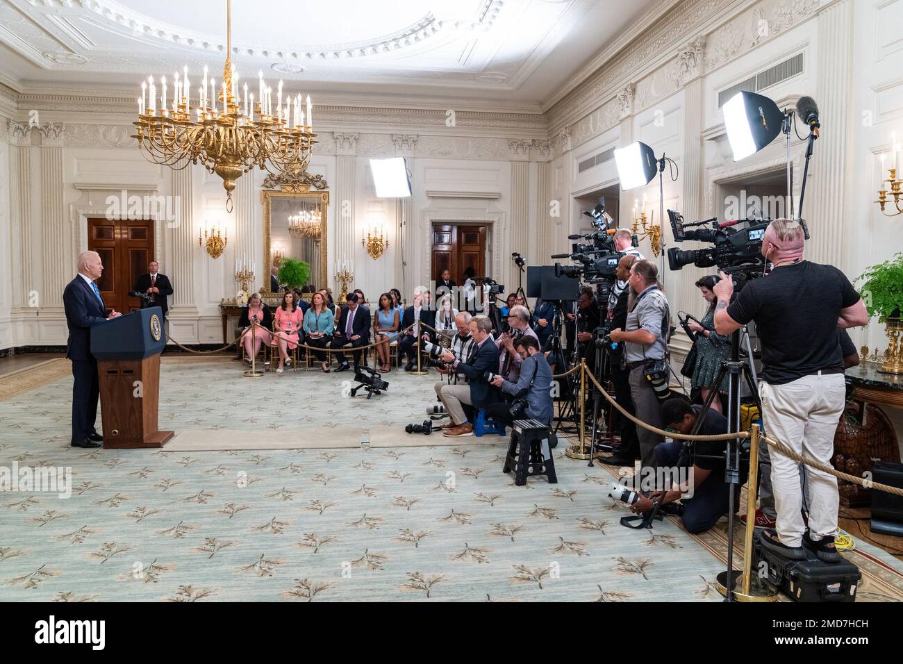 Reportage: Lundi, 19 juillet 2021 le président Joe Biden prononce un discours sur l'économie dans la salle à manger de l'État de la Maison Blanche. Banque D'Images