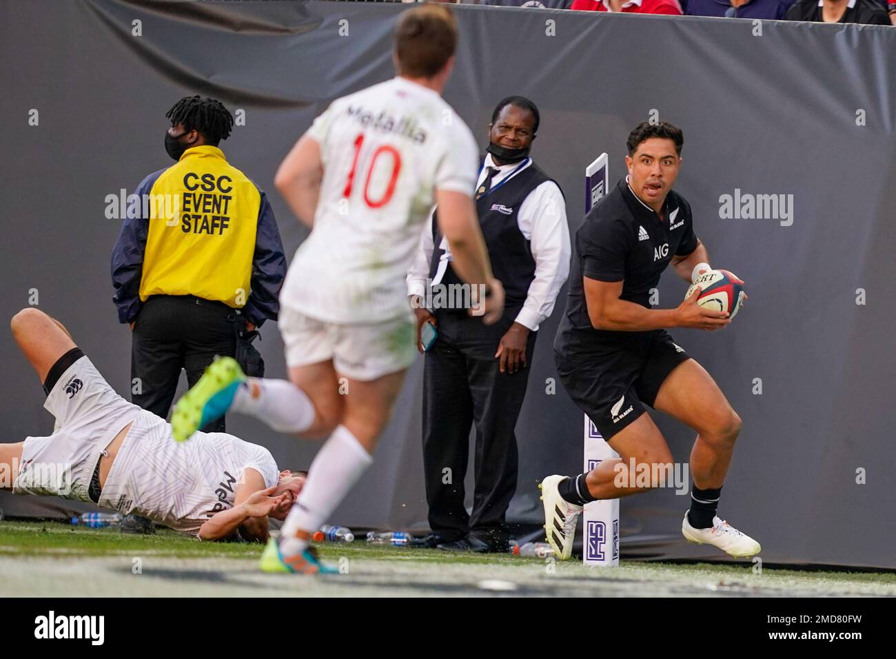 New Zealand's Anton Lienert-Brown, right, scores a try during the rugby international between the All Blacks and the USA Eagles at FedEx Field in Landover, Md., Saturday, Oct. 23, 2021. (AP Photo/Alex Brandon) Banque D'Images