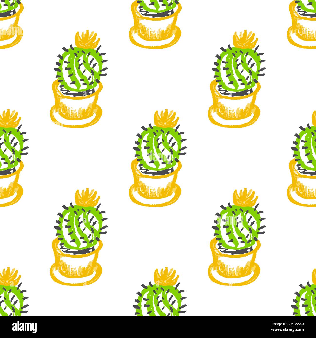 Motif Cactus sans couture. Cactus fleuris en pots. Dessins d'enfants avec crayons de cire. Impression pour textile textile en tissu, papier d'emballage Illustration de Vecteur