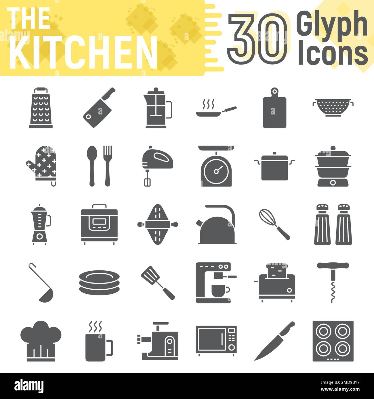 Ensemble d'icônes de glyphes de cuisine, collection de symboles ménagers, croquis vectoriels, illustrations de logos, panneaux de cuisson paquet de pictogrammes solides isolés sur fond blanc, eps 10. Illustration de Vecteur