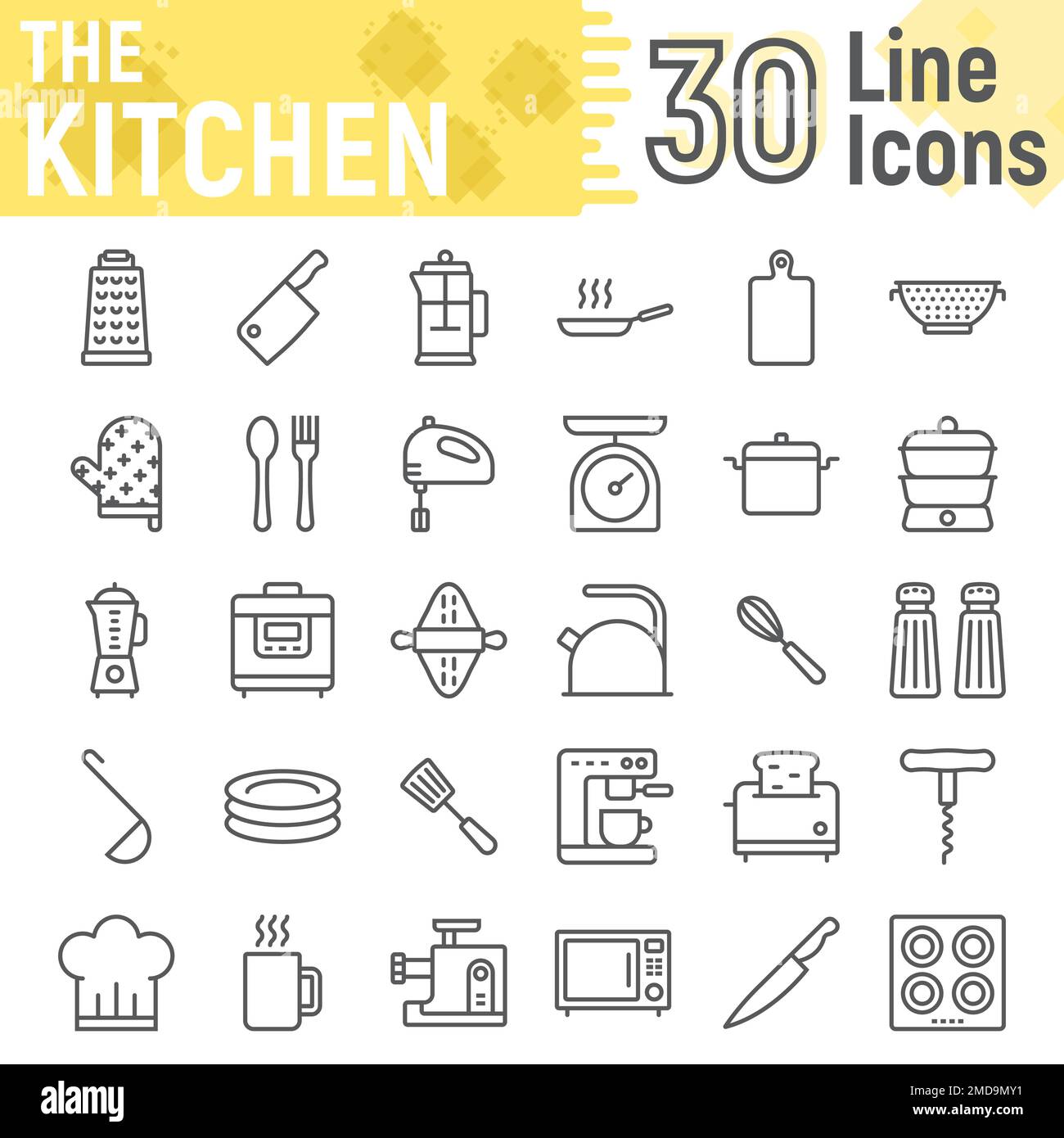 Ensemble d'icônes de cuisine, collection de symboles ménagers, croquis vectoriels, illustrations de logos, panneaux de cuisson paquet de pictogrammes linéaires isolés sur fond blanc, eps 10. Illustration de Vecteur