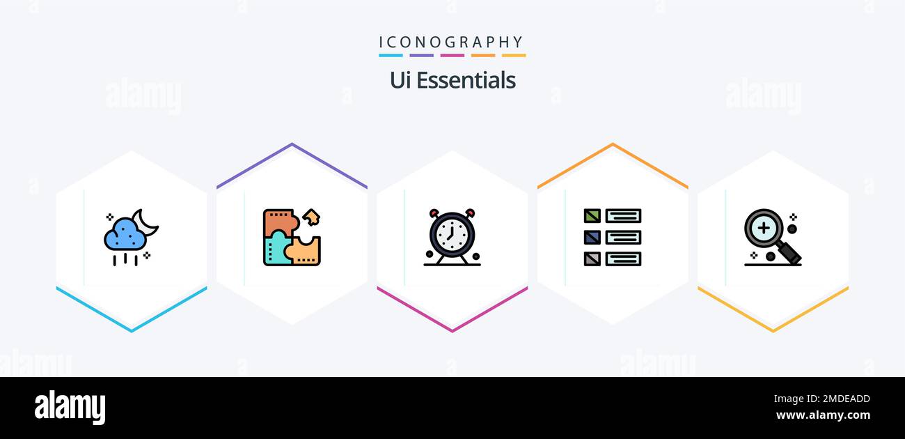 Pack d'icônes FilledLine UI Essentials 25 comprenant la liste. détails. puzzle. conception. heure Illustration de Vecteur