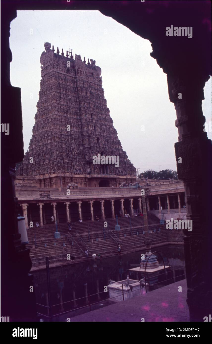 Le temple d'Arulmigu Meenakshi Sundaraswalar est un temple hindou historique situé sur la rive sud de la rivière Vaigai, dans la ville de temple de Madurai, Tamil Nadu, Inde. Elle est dédiée à la déesse Meenakshi, une forme de Shakti, et à son consort, Sundareshwalar, une forme de Shiva. Le temple de Madurai Meenakshi Sundarwarar a été construit par l'empereur Pandayan Sadayavarman Kulasekaran 1190 le fait le plus populaire sur le temple est qu'il abrite une salle qui a mille piliers, une piscine sacrée avec un lotus doré où vous pouvez prendre un bain rituel, une salle de mariage, petits sanctuaires, jardins et bergers d'éléphants. Banque D'Images