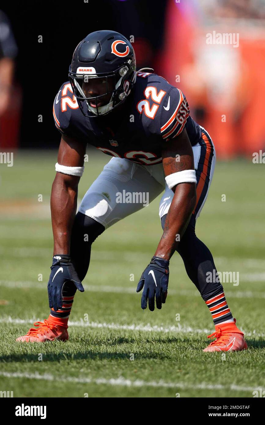 Chicago Bears cornerback Kindle Vildor (22) lines up against the Cincinnati  Bengals during an NFL football game Sunday, Sept. 19, 2021, in Chicago. The  Bears won 20-17. (Jeff Haynes/AP Images for Panini