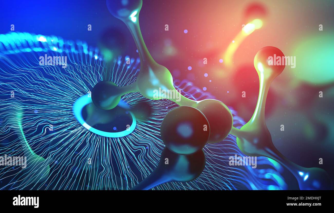 Illustration de la molécule scientifique 3D pour la médecine, la science, la technologie, la chimie, la biologie. Papier peint ou bannière avec des nanomolécules. Biotechnologie et Banque D'Images