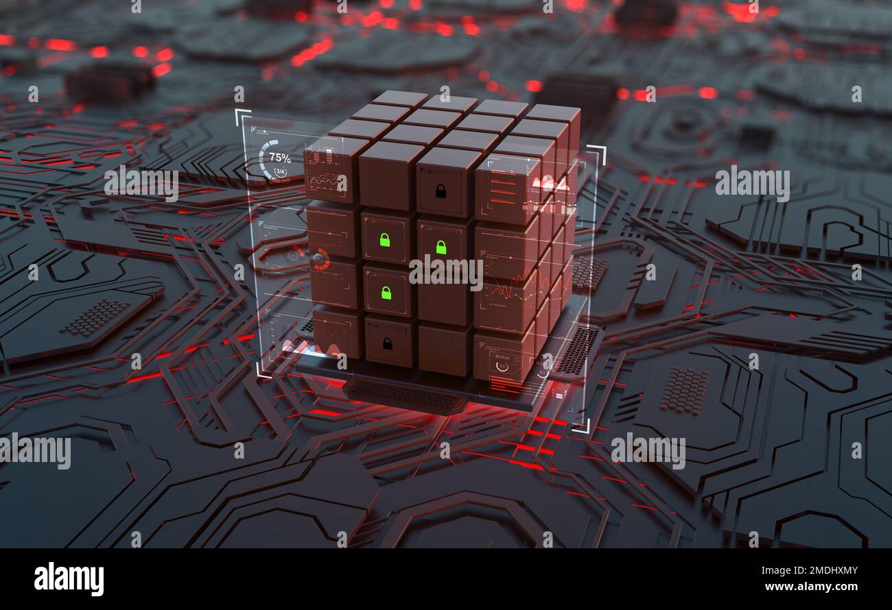 Illustration de Cybercube 3D. Carte d'ordinateur futuriste. Circuit numérique et processeur quantique. Intelligence artificielle et progrès technologique Banque D'Images