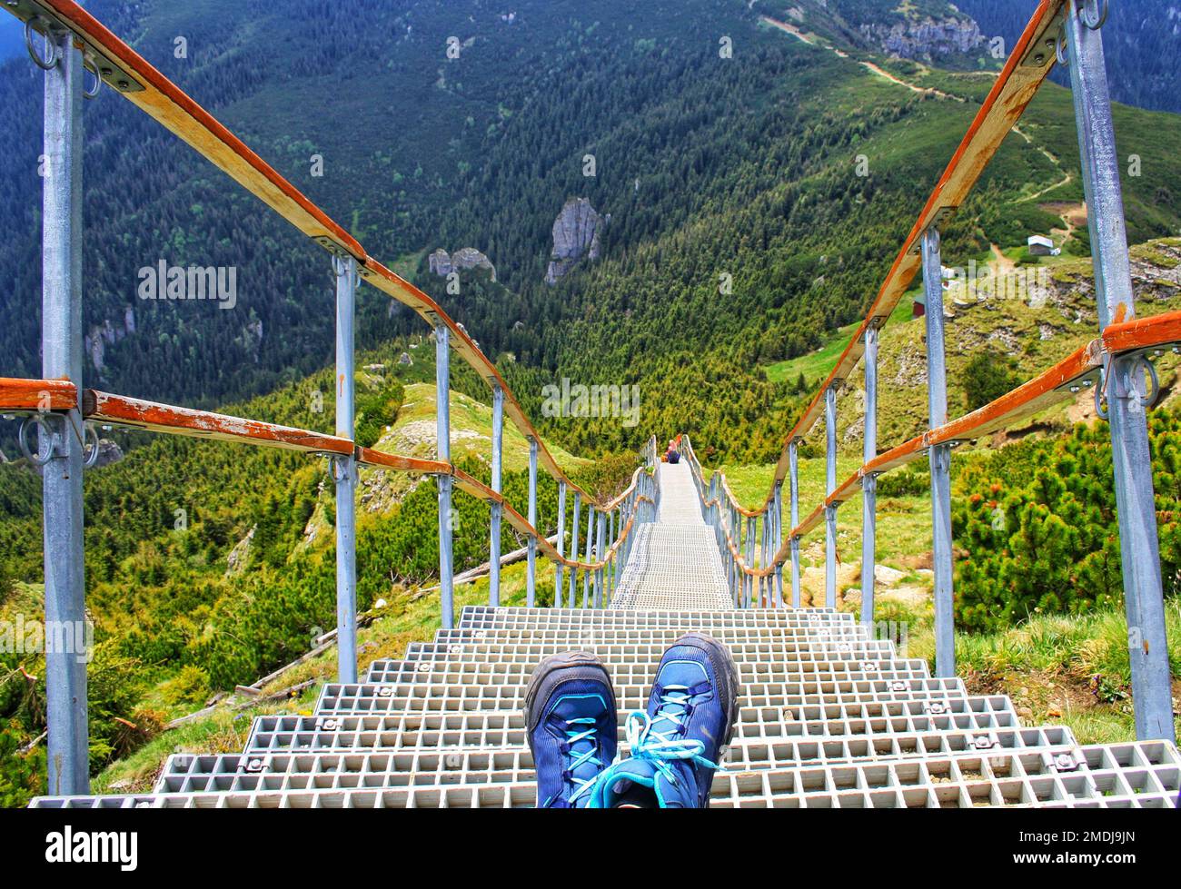 Les escaliers vers le ciel. 500 escaliers jusqu'à ce que vous arriviez au pic de Toaca, sur la montagne de Ceahlau, Roumanie. Banque D'Images