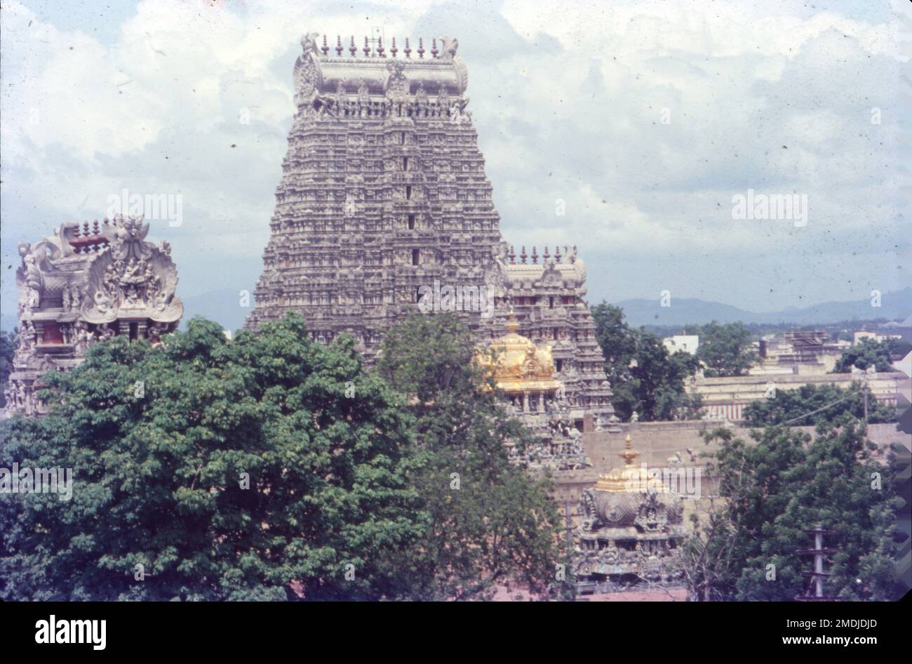 Le temple d'Arulmigu Meenakshi Sundaraswalar est un temple hindou historique situé sur la rive sud de la rivière Vaigai, dans la ville de temple de Madurai, Tamil Nadu, Inde. Elle est dédiée à la déesse Meenakshi, une forme de Shakti, et à son consort, Sundareshwalar, une forme de Shiva. Le temple de Madurai Meenakshi Sundarwarar a été construit par l'empereur Pandayan Sadayavarman Kulasekaran 1190 le fait le plus populaire sur le temple est qu'il abrite une salle qui a mille piliers, une piscine sacrée avec un lotus doré où vous pouvez prendre un bain rituel, une salle de mariage, petits sanctuaires, jardins et bergers d'éléphants. Banque D'Images