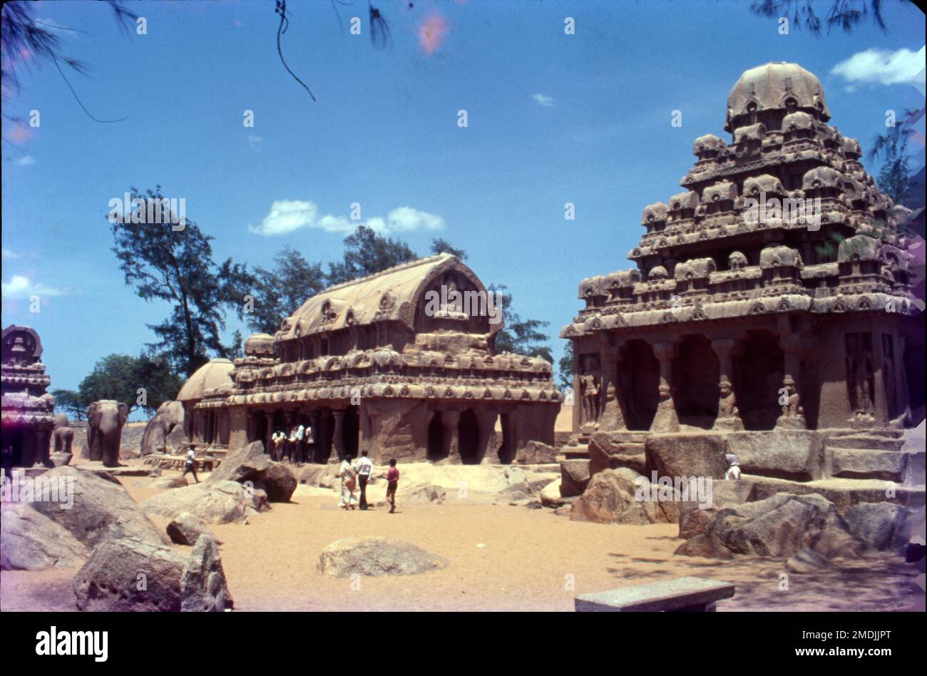 Le Temple Shore est un complexe de temples et de sanctuaires qui surplombe la rive de la baie du Bengale. Il est situé à Mahabalipuram, à environ 60 kilomètres au sud de Chennai, dans le Tamil Nadu, en Inde. C'est un temple structurel, construit avec des blocs de granit, datant du 8th siècle après J.-C. Le site compte 40 monuments anciens et temples hindous, dont Descent du Gange ou la Penance d'Arjuna, l'un des plus grands rochers en plein air du monde. Le complexe se compose de trois sanctuaires distincts : deux dédiés au dieu Shiva, et un à Vishnu. Banque D'Images