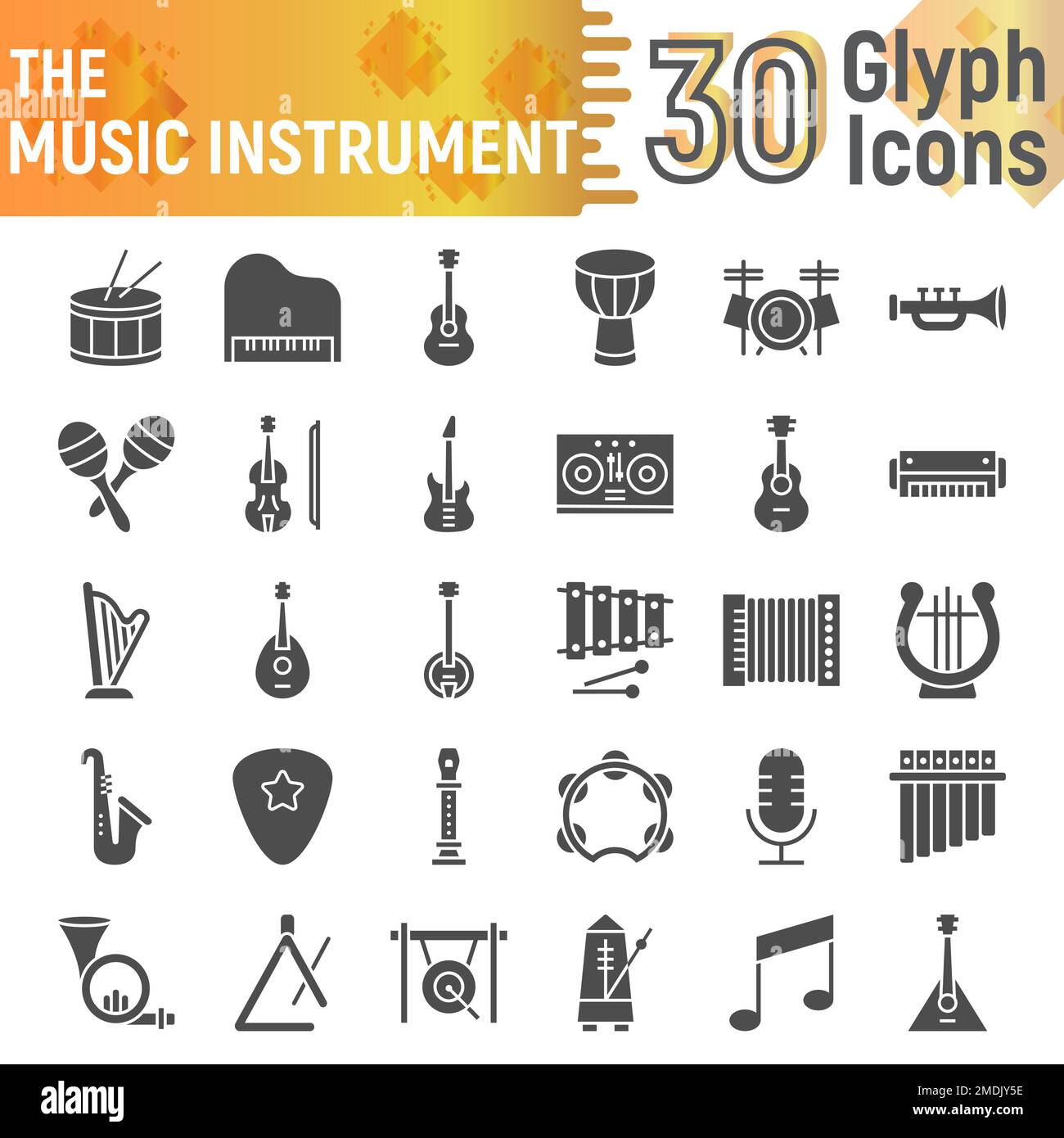 Jeu d'icônes glyphes d'instruments de musique, collection de symboles ...