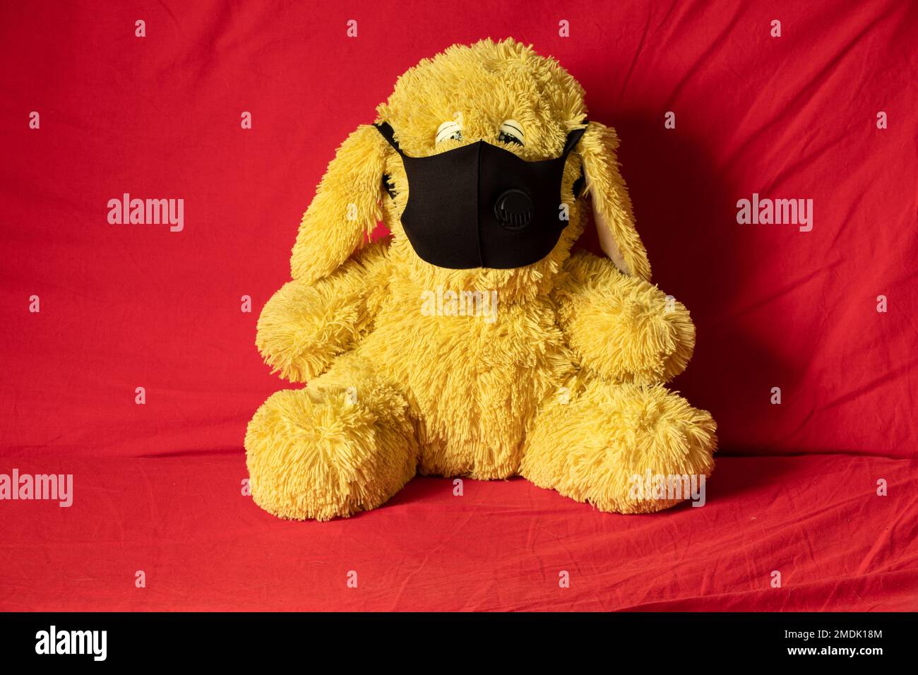 les jouets doux en peluche des enfants dans le masque médical se trouvent sur le canapé rouge, les soins de santé et la médecine, la morbidité des enfants Banque D'Images