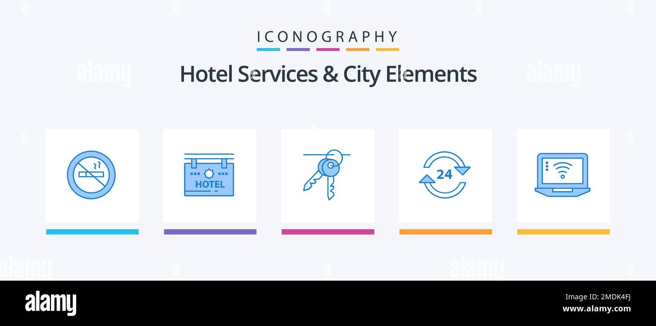 Services de l'hôtel et City Elements Blue 5 Icon Pack comprenant un arrêt. 24 heures sur 24. hôtel. non. concierge. Création d'icônes créatives Illustration de Vecteur