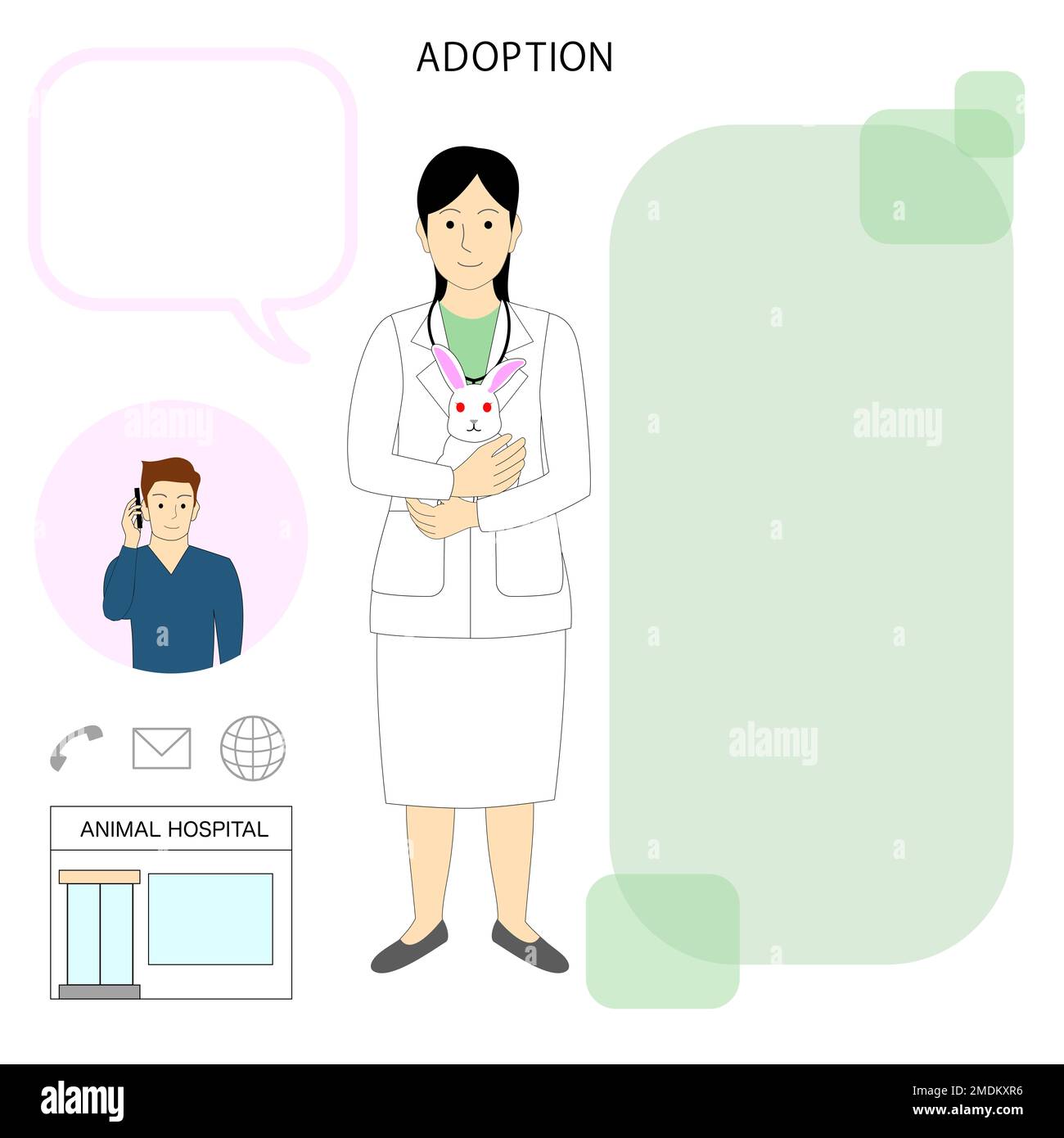 Femmes médecins, vétérinaires tenant un lapin, avec des icônes de client masculin, hôpital animal et ballons de discours Banque D'Images