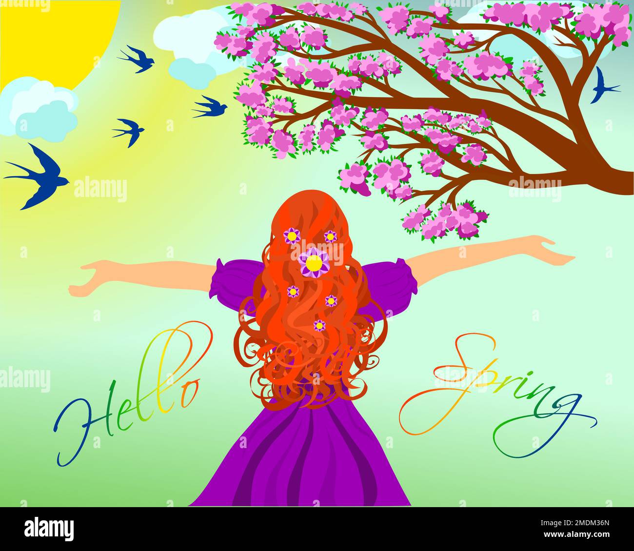 bonjour printemps fille en violet, femme avec le personnage de motif de fleurs Illustration de Vecteur