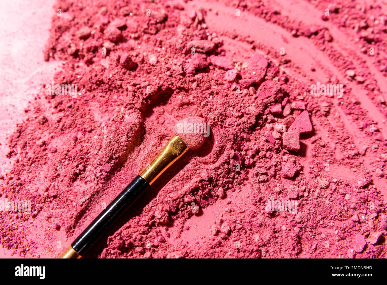 Ombres à paupières roses écrasées avec pinceau ou outil de mélange d'applicateur sur fond rose Banque D'Images