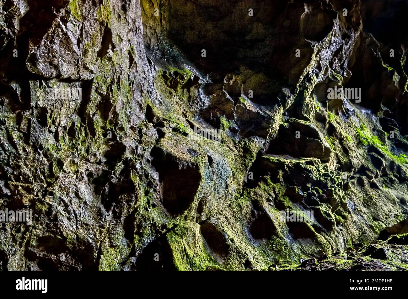 Preuve de l'activité de la solution dans le calcaire sous forme de pétoncles et de fractures à l'entrée de la grotte Windy Knoll à Castleton, Peak District. Banque D'Images