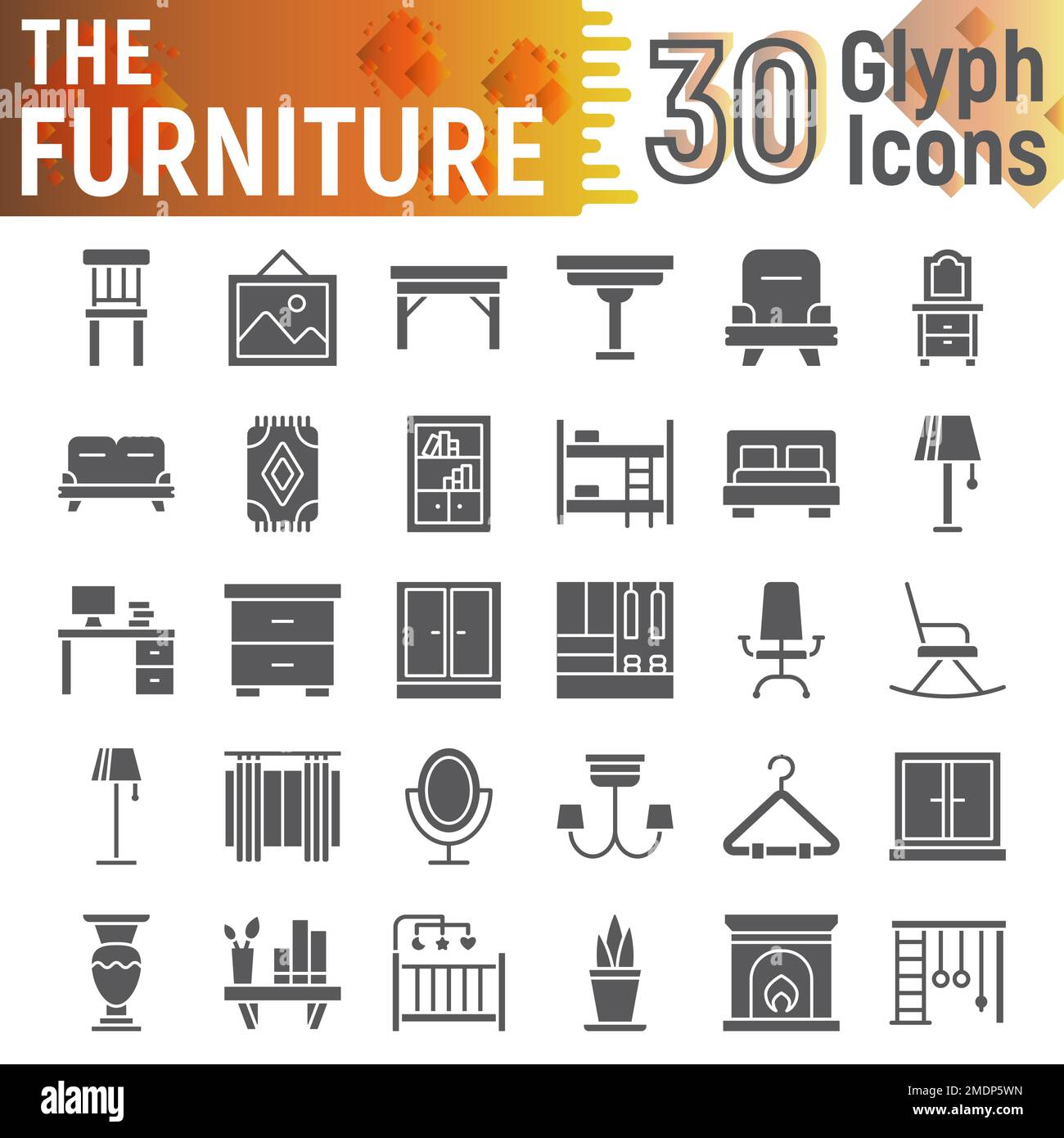Ensemble d'icônes de glyphes de meubles, collection de symboles intérieurs, croquis vectoriels, illustrations de logos, panneaux ménagers paquet de pictogrammes solides isolé sur fond blanc, eps 10. Illustration de Vecteur