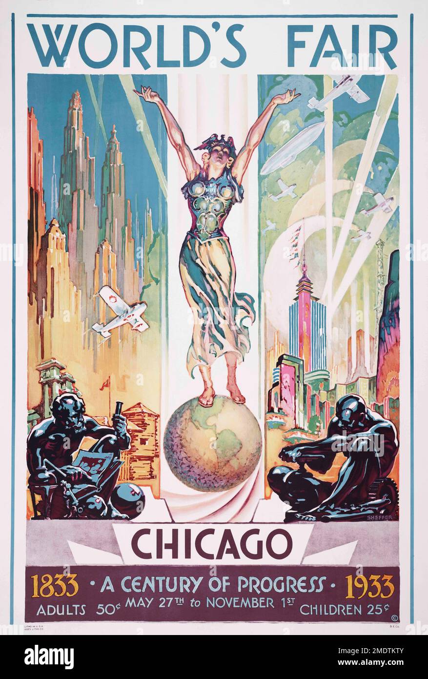 Affiche pour la foire mondiale de Chicago, 1933. Célébrer un siècle de progrès. Après un travail de Glen C. Sheffer. Banque D'Images Affiche pour la foire mondiale de Chicago, 1933. Célébrer un siècle de progrès. Après un travail de Glen C. Sheffer. Banque D'Images