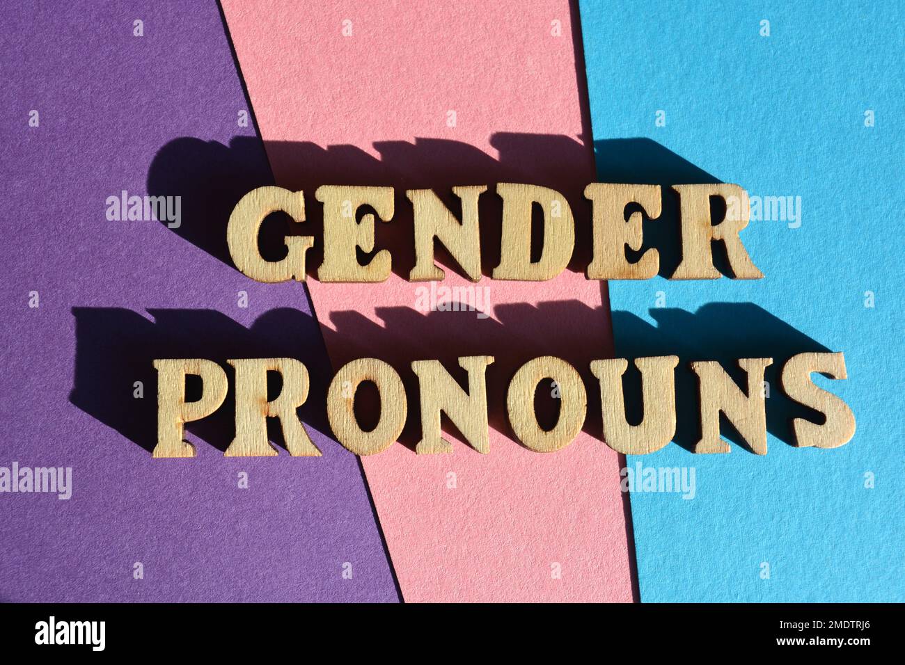 Pronoms de genre, mots en lettres de l'alphabet en bois isolés sur fond rose, violet et bleu Banque D'Images
