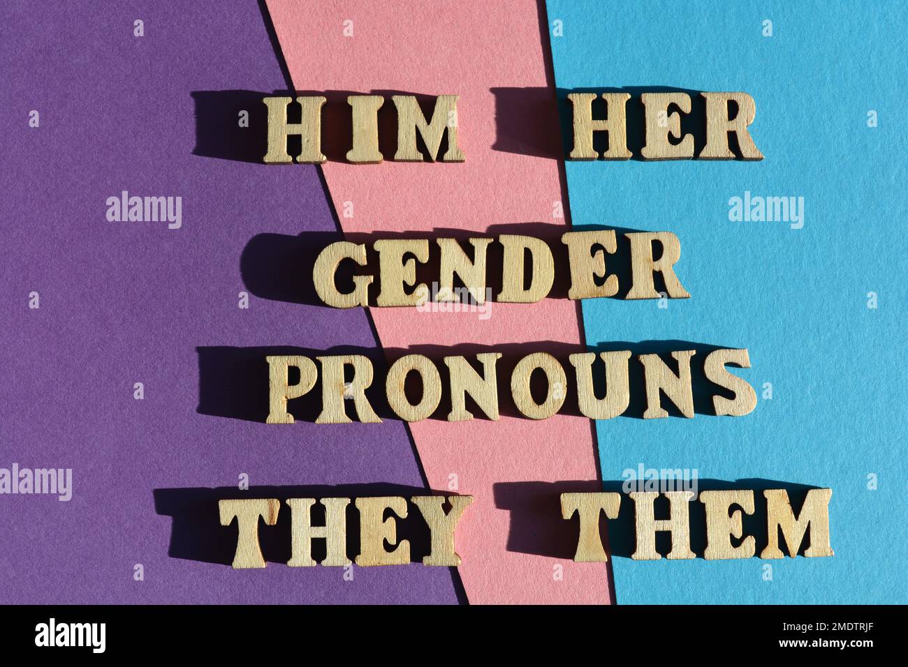 Sexe Pronoms, Hime, elle, eux, eux, mots en lettres de l'alphabet en bois isolées sur l'arrière-plan Banque D'Images
