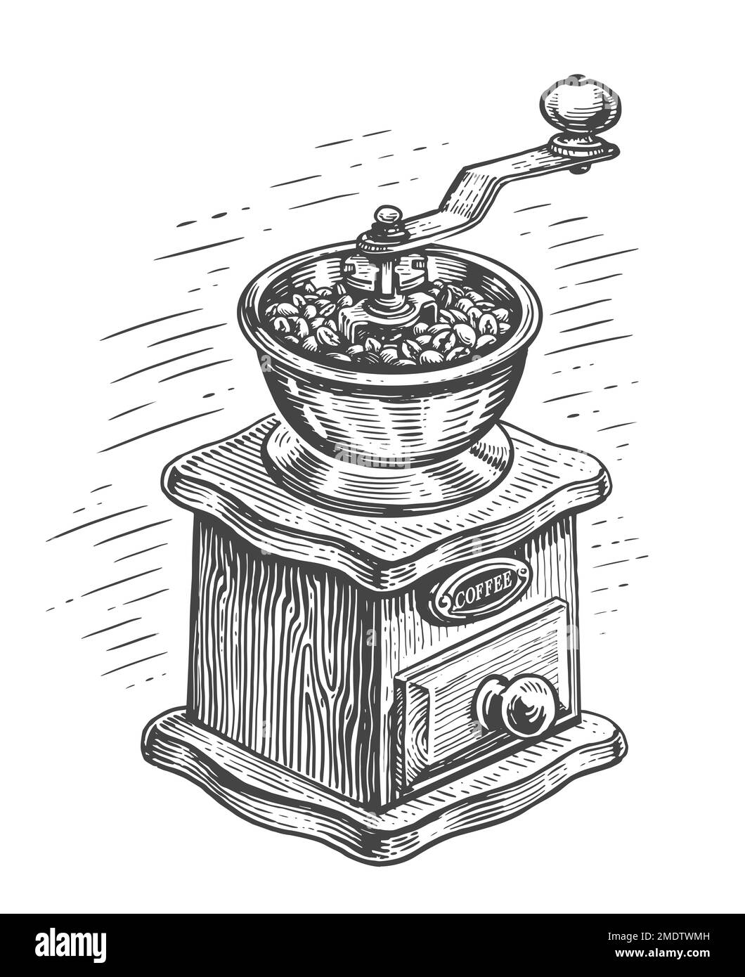 Moulin à café rétro avec grains de café. Appareil vintage pour préparer une boisson à base de café. Dessin d'illustration dessiné à la main Banque D'Images Moulin à café rétro avec grains de café. Appareil vintage pour préparer une boisson à base de café. Dessin d'illustration dessiné à la main Banque D'Images