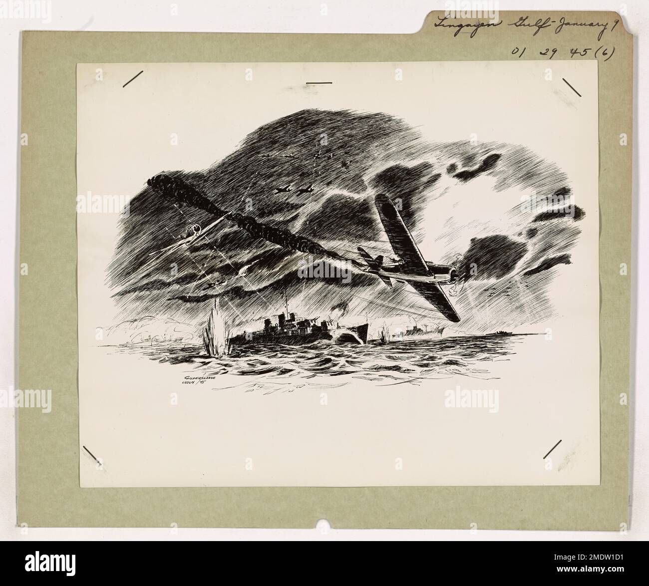 Golfe de Lingayen -- 9 janvier. Cette image représente des œuvres d'art de navires et d'avions américains qui s'engagent dans des avions japonais avant l'invasion de Leyte, dessinées par l'artiste de combat de la Garde côtière Jack B. Gildersmailler. Banque D'Images