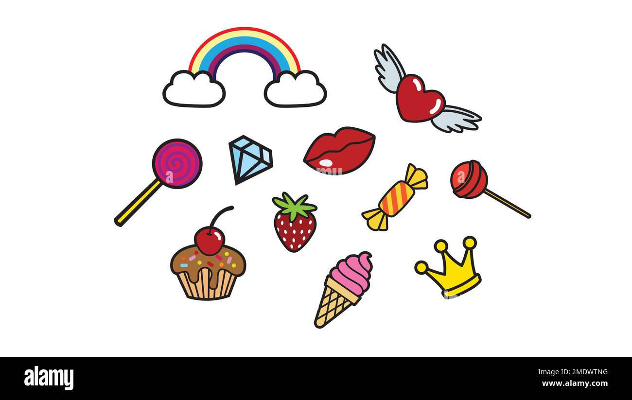 objets créatifs arc-en-ciel diamon lèvres gâteau baies couronne coeur ailes vectordesign illustration Illustration de Vecteur