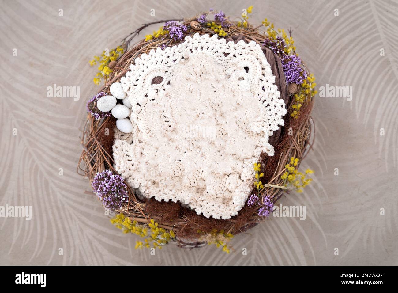 Photographie de nouveau-né fond numérique avec un nid de branches, une garniture en crochet et des œufs. Banque D'Images