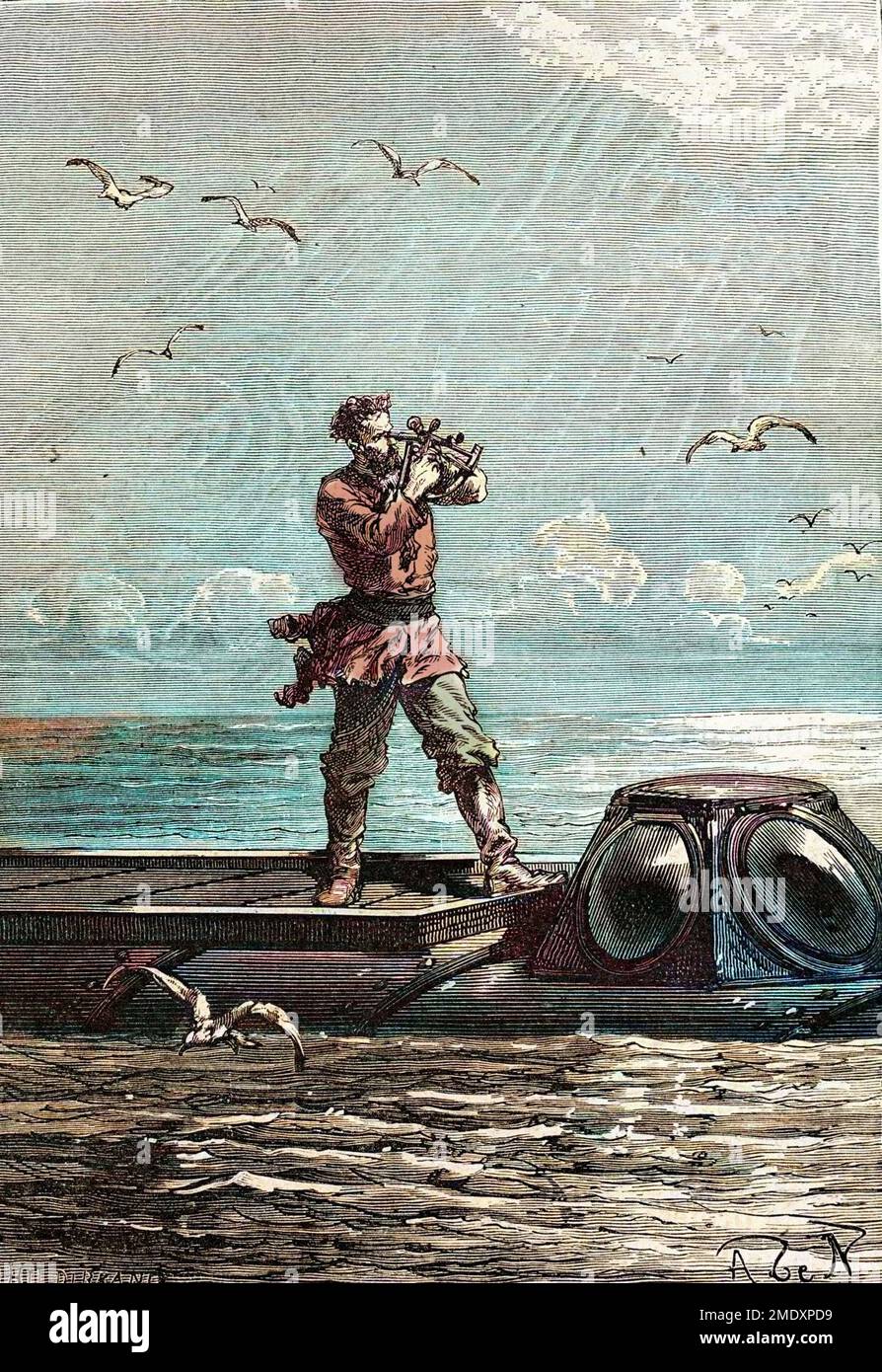 20000 lieurs sous les mers. Le Capitaine Nemo sur le sous-marin 'Nautilus'. Illustration tirée du roman de Jules Verne 'Vingt mille lieurs sous les merss' (Vingt-mille - 20 000 - 20000) , 1870 - vingt mille ligues sous les mers Banque D'Images