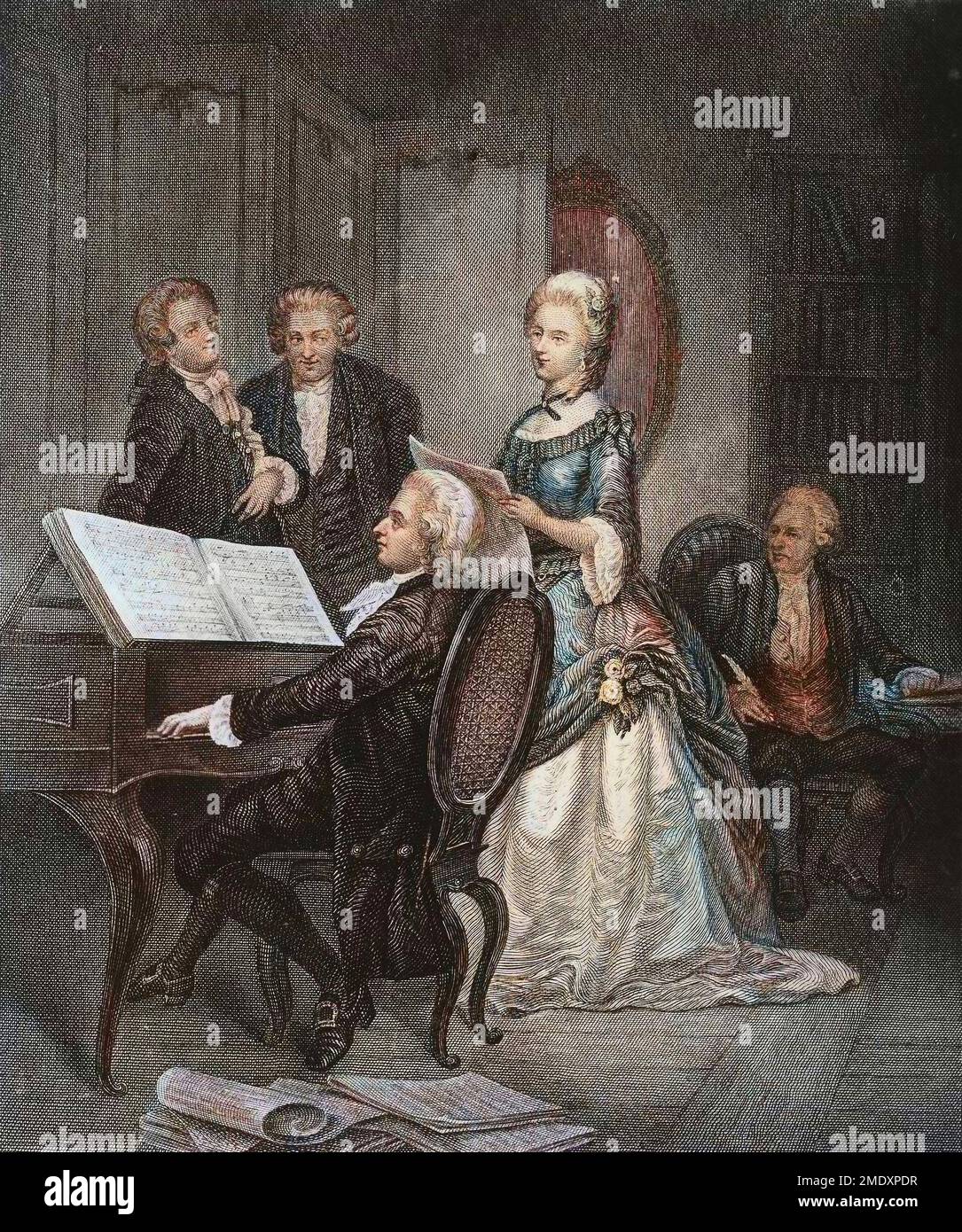 Wolfang Amadeus Mozart au piano (1756-1791) avec Caterina (Katharina) Cavalieri (Katharina Magdalena Josepha cavalier) . Gravure du 19eme siecle. Banque D'Images