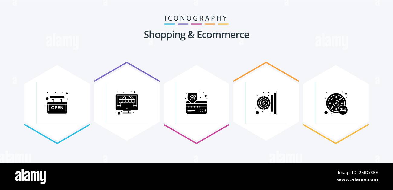 Shopping et Ecommerce 25 Glyph Icon pack incluant des heures. argent. carte. paiement. pièce Illustration de Vecteur