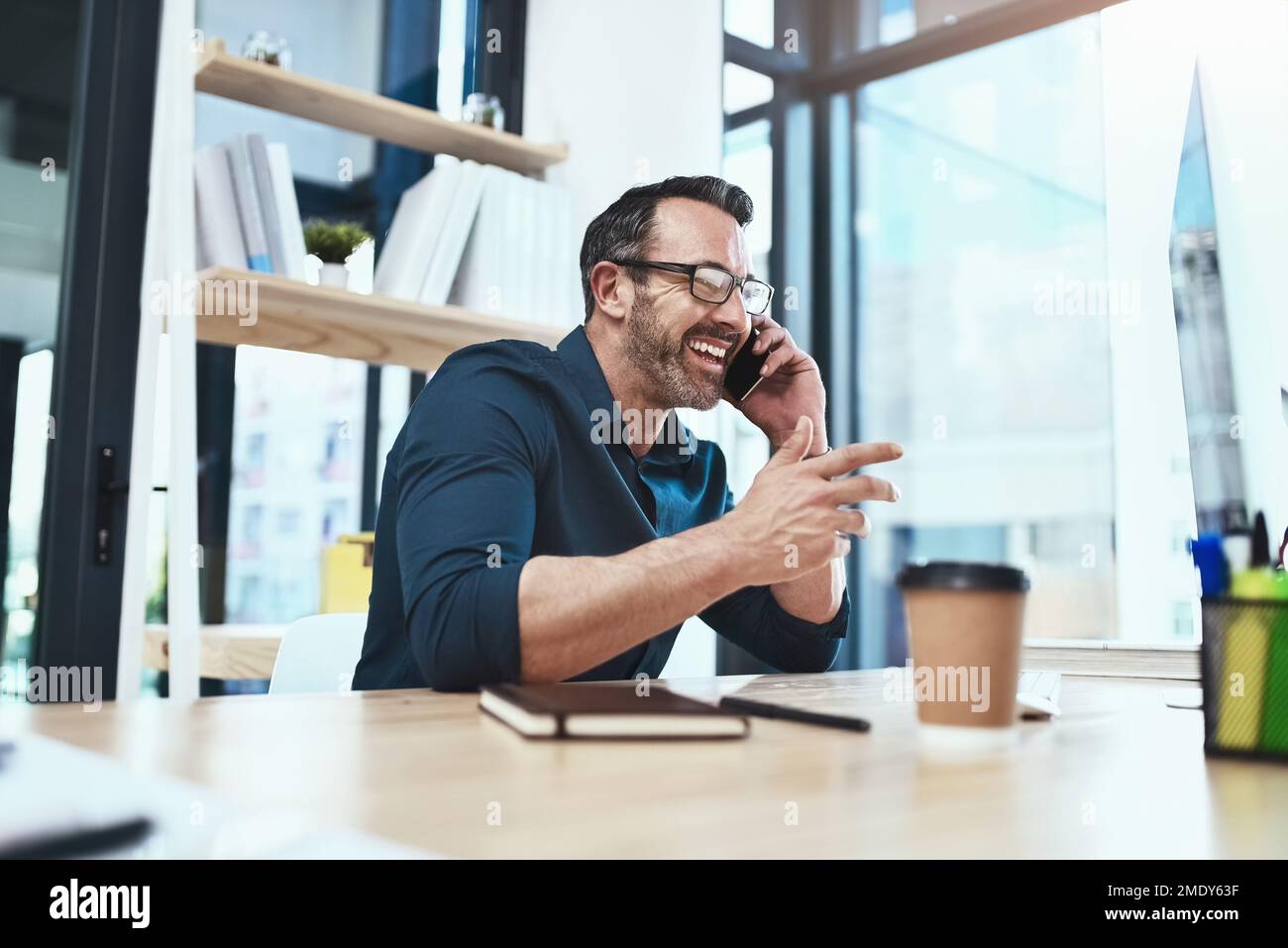 J'ai une offre que vous ne pouvez pas résister. un homme d'affaires mature parlant au téléphone tout en étant assis à son bureau. Banque D'Images