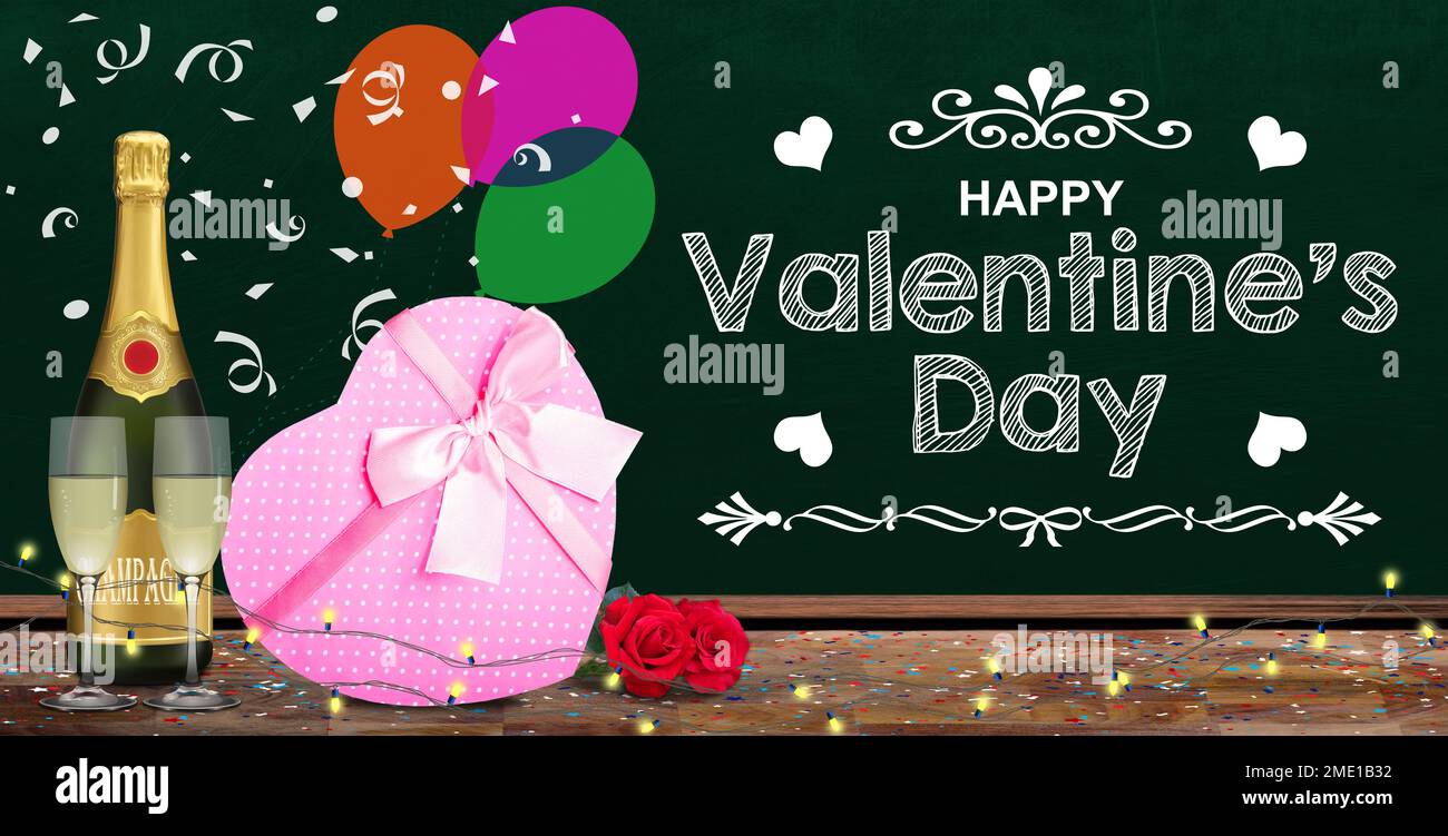 Banderole de la Saint-Valentin avec message sur tableau noir entourée d'une boîte cadeau rose, champagne, confetti et guirlandes de lumières. Banque D'Images