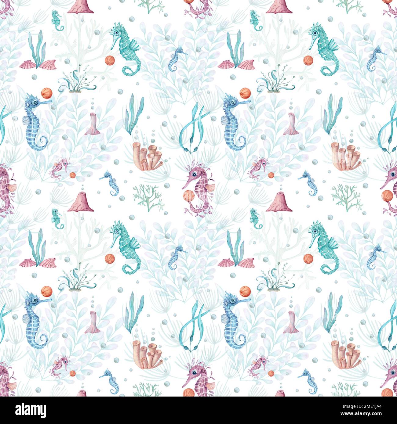 Aquarelle sous-marine motif fluide d'hippocampe, de laminaria et de corail isolé sur fond blanc. Tissu, textile, scrapbooking, modèle Banque D'Images