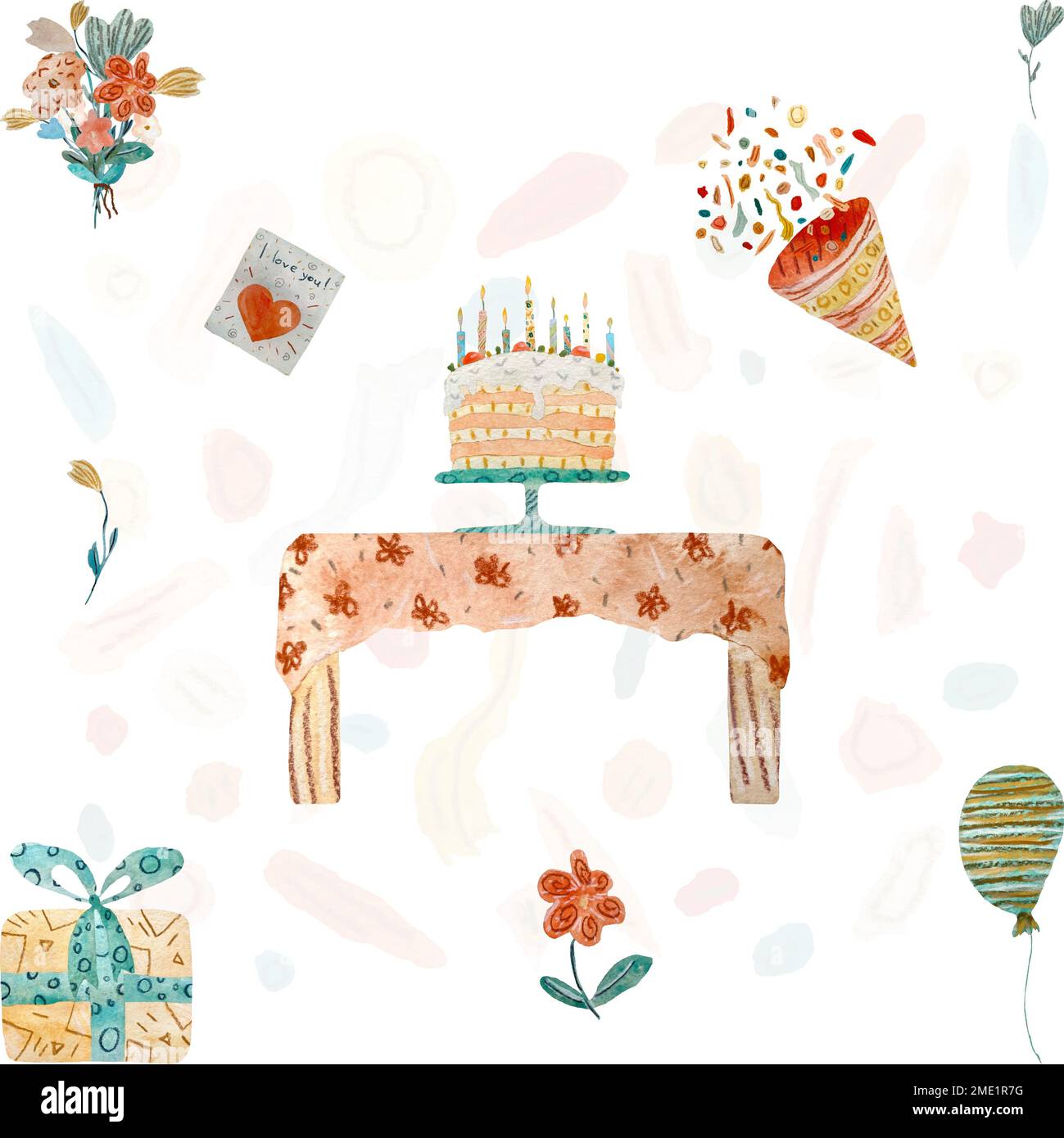 Joyeux anniversaire table gâteau ballon carte aquarelle Banque D'Images